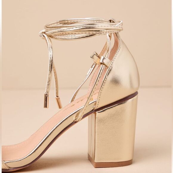 Lulus KAIRA Metallic Gold Open Toe Cord Wrap Ankle Tie Block Heel Sandals - Picture 4 of 16